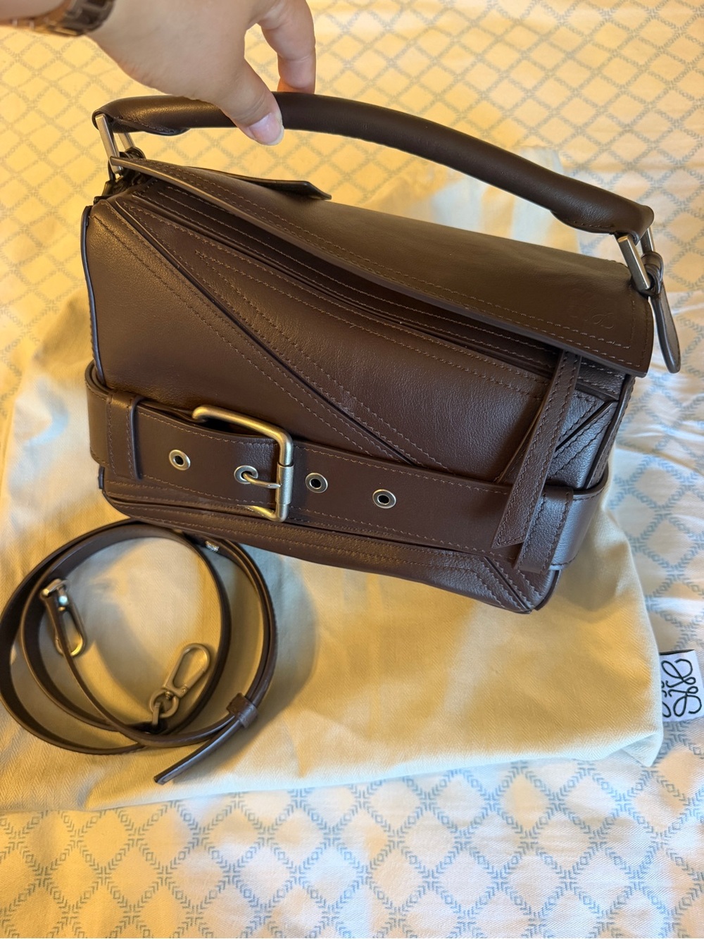Brown Leather Top-Handle puzzle biker Bag with Detachable Strap